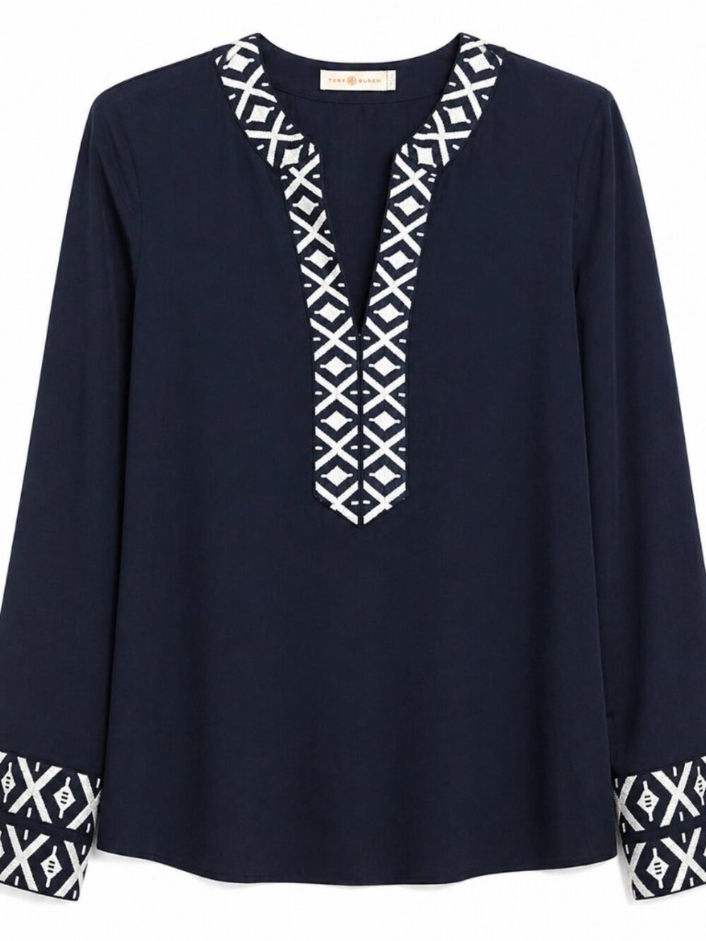 Tory Burch Navy Blue Tunic Blouse Geometric Trim V-Neck Long Sleeve size 2 boho